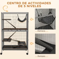 PawHut Jaula para Animales Pequeños con Ruedas Rampas Hamaca y Bandeja Extraíble para Chinchillas Hurones 80x52x128 cm Gris(m-6)