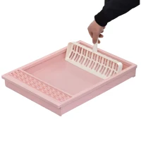 PawHut Caja de Arena para Gatos Plegable Arenero Portátil Aseo Quita Mal Olor con Manija Puerta Orificio de Ventilación Bandeja Material ABS 54x43x42 cm Blanco y Rosa(m-9)