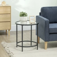 HOMCOM Runder Beistelltisch mit Glasplatte und Metallrahmen, kleiner Kaffeetisch für Wohnzimmer, Schlafzimmer, Schwarz(m-2)
