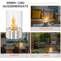 HOMCOM Biokamin Ethanol Kamin Bio Ethanol Brenner 0,4L Brenndauer kein Rauch mit Feuerlöschhaken Edelstahl gehärtetes Glas Silber 23 x 23 x 39 cm(m-7)