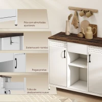 HOMCOM Aparador de 2 Portas com Orifícios 2 Compartimentos e Gaveta Prateleiras Ajustáveis 100x40x80 cm Branco e Castanho Rústico(m-7)