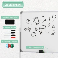 HOMCOM Tablă Albă Magnetică cu 2 Fețe, cu Accesorii și 4 Roți, din Aluminiu și Oțel, 127x50x165 cm(m-7)