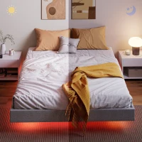 HOMCOM Cama 160x200 cm com Luzes LED Estofada em Linho Ripas de Madeira Silenciosa Fácil de Montar Cinzento(m-9)