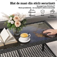Outsunny Măsuță de Cafea din Ratan pe 2 Niveluri cu Raft, Blat din Sticlă Securizată, Măsuță de Exterior cu Cadru din Oțel, 92x50x45 cm, Negru(m-6)