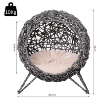 PawHut Katzenhaus aus Rattan mit Kissen Katzenschlafplatz Katzenhöhle mit erhöhten Füßen Silbergrau Ø52 x 58 cm(m-3)