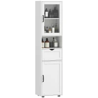 HOMCOM Mobilier Baie Slim cu Dulapuri și Ușă din Sticlă, Mobil Economisitor de Spațiu cu Raft Deschis, Sertar, Rafturi Reglabile, Coloană Modernă, 40x30x165 cm, Alb(m-11)