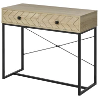 HOMCOM Mesa Consola 90x35x76cm Mesa de Entrada com 2 Gavetas de Armazenamento Decorativos e Estrutura de Metal para Entrada Corredor Sala de Estar Natural(m-12)