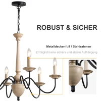 HOMCOM Kronleuchter Hängelampe 6-flammig Pendelleuchte mit Glas königlich traditionell klassisch mit 6 Armen, Stahl, Schwarz+Holzfarbe, 60x60x105 cm(m-6)