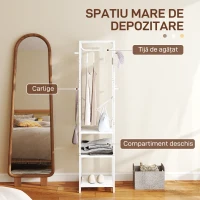 HOMCOM Cuier de Podea cu Bară și 2 Rafturi Deschise, din Lemn și Oțel, 38,5x30x170 cm, Alb și Lemn Natural(m-4)