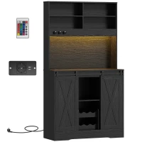 HOMCOM Bufet Înalt de Bucătărie Stil Rustic cu 2 Dulapuri, Suport pentru Sticle, Prize de Încărcare și Lumini LED, Negru(m-1)