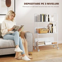 HOMCOM Cărucior Portalibri Modern pe 3 Niveluri cu Roți Pivotante pentru Cărți și Reviste, 69x26x108 cm, Alb(m-6)
