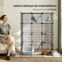 PawHut Gaiola Grande para Gatos de Interior com 49 Painéis, 4 Níveis, 5 Portas, 3 Plataformas, Rampas e Rede, DIY, 105x70x140 cm, Preto(m-4)
