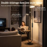 HOMCOM Lampadaire LED Dimmable 42W 4840LM Liseuse Réglable et Tablette Lampadaire sur Pied Salon 2700K-6000K Télécommande Noir(m-5)