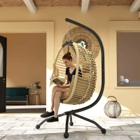 Outsunny Hängesessel mit Gestell, Faltbar Eiförmiger Hängeschaukel mit waschbarem Sitz Becherhalter Sicherheitsseil Beige(m-10)