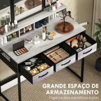HOMCOM Toucador de Maquilhagem com Espelho Tríptico Removível, Banco Prateleiras e Suporte para Secador 90x40x141 cm Cinzento(m-5)