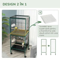 PawHut Colivie volieră de interior pentru păsări, cu roți și tăvi detașabile, 51,5x50x140 cm, verde închis(m-4)