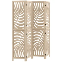HOMCOM Paravent interieur en bois 4 panneaux 160 x 170 cm, pliable et portable, motif de feuille, design amovible, bois naturel(m-1)