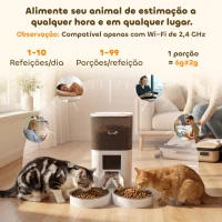 PawHut Comedouro Automático 6L WiFi 2.4G com Controlo App 2 Taças Programável 1-10 Refeições Gravador de Voz 10s Fácil de Limpar(m-5)