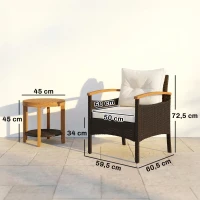 Outsunny Rattan Bistroset 3 teiliges FSC Gartenmöbel-Set mit 2 Sessel, 2-Ebene Holz-Tisch, dicke waschbare Kissen(m-3)