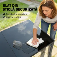 Outsunny Set Masă și Scaune de Grădină 7 Piese, Set pentru Prânz în Aer Liber cu Masă Dreptunghiulară din Sticlă Securizată, 6 Scaune, Perne, Cadru din Oțel Zincat pentru Terasă Balcon, Negru(m-5)