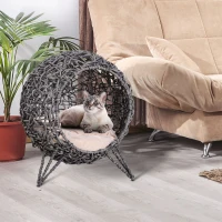 PawHut Panier chat lit surélevé chat cosy niche grotte Ø 52 x 58H cm coussin moelleux inclus résine tressée imitation(m-10)