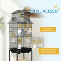 PawHut Gaiola de Metal para Pássaros com Bandeja Amovível Rodas 4 Comedouros 3 Poleiros e 1 Baloiço 50,5x41x163 cm Preto(m-6)