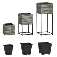 Outsunny Hochbeet, Stufendesign, drei Pflanzkästen, Rattanoptik, separat nutzbar, Stahlrahmen, grau(m-1)
