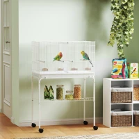 PawHut Gaiola para Pássaros com Divisória Rodas Gaiola para Aves com Comedouros Poleiros e Bandeja Removível 76x46x116 cm Branco(m-10)