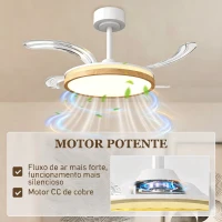HOMCOM Ventoinha de Teto com Luz LED 80 W Motor DC Reversível Controlo Remoto 6 Velocidades Temporizador Ø95 cm Branco e Madeira(m-6)