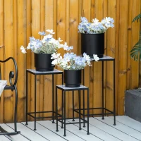 Outsunny Suporte para Vasos de Metal 3 Peças Empilháveis Suporte para Plantas com Bancada de Azulejo Decorativa para Interiores e Exteriores 31,5x31,5x60,5 cm Azul e Preto(m-2)
