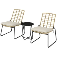Outsunny 3-teiliges Gartenmöbel-Set, 2 Rattan-Stühle, 1 Tisch mit Metallplatte, Sitzkissen, Bistro-Set, Beige & Braun(m-11)