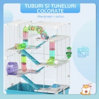 PawHut Cușcă pentru Hamsteri cu 6 Niveluri, Tunel, Roată, Rampe, Căsuță, Sticlă și Bol, Albastră(m-5)