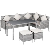 Outsunny 5-tlg. Gartenmöbel Set, Rattan Sitzgruppe mit Fußhocker, Metall, Grau, 142 x 60 x 75 cm(m-1)