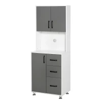 HOMCOM Küchenschrank Hochschrank mit 2 Türen Regal Mikrowellenregal Küchenbuffet mit unterem Aufbewahrungsschrank und 3 Schubladen Kommode Spanplatte Stahl Grau+Weiß 60 x 40 x 160 cm(m-11)