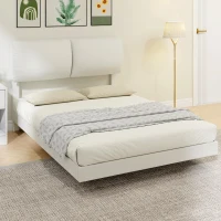 HOMCOM Cama de Casal 135x190 cm Estrado com Cabeceira Acolchoada Efeito Flutuante Estrutura Metálica Bege(m-10)