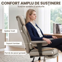 HOMCOM Scaun de Birou Rotativ Rabatabil 135°, Piele Ecologică, Suport pentru Picioare, Cotiere și Înălțime Reglabile, Gri Deschis(m-4)