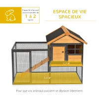 PawHut Clapier cage à lapins cottage - niche supérieure avec rampe et enclos extérieur - plateau excrément, fenêtre, 2 portes verrouillables - métal époxy sapin pré-huilé(m-4)