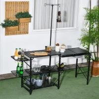 Outsunny Mesa de Campismo de 3 Níveis Dobrável com Prateleiras de Armazenamento Suporte para Candeeiro e Bolsa de Transporte 173x52x80-174 cm Preto(m-10)