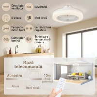 HOMCOM Ventilator de Tavan cu Lumină LED Reglabilă, Telecomandă, Timer, 6 Viteze și Flux Reversibil, Ventilator din Plastic și Acrilic, Ø46x16 cm, Alb(m-8)