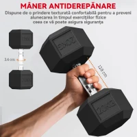 HOMCOM Set de 2 Gantere Hexagonale 2x20 kg cu Prindere Antiderapantă, Negre(m-5)