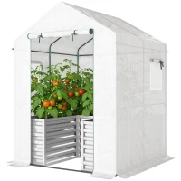 Outsunny Tomatengewächshaus Foliengewächshaus mit Hochbeet Rolltor Fenster Schrägdach 141 x 141 x 190 cm Weiß(m-11)