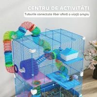 PawHut Cușcă pentru Hamsteri pe 5 Niveluri cu Tuburi, Roată, Scări, Căsuță și Sticlă, 46x30x58 cm(m-4)