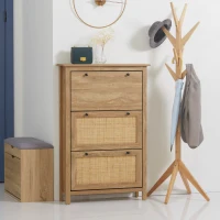 HOMCOM Meuble à chaussures étagère à chaussures armoire 3 portes abattants effet cannage rotin - en bois bois naturel(m-10)