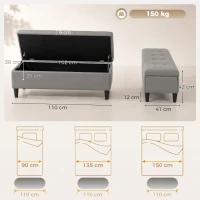 HOMCOM Banco Baú 136L Puff Baú Apoio de Pés Grande 110x41x42cm, Pele Sintética Adequada para Animais Cinza(m-3)