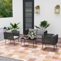 Outsunny Gartenmöbel Set 4 Personen wetterfest Balkonmöbel-Set mit 2er Sofa, Sessel Glastisch Sitzkissen Hellgrau(m-10)