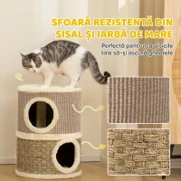 PawHut Căsuță pentru Pisici cu Stâlp de Zgâriat, Tip Turn, 2 Culcușuri, Sisal și Iarbă de Mare, Margini din Pluș, Kaki(m-6)