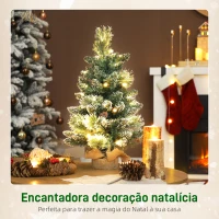 HOMCOM Mini Árvore de Natal Artificial com 35 Luzes LED 60 cm 64 Ramos com Neve Pinha Bagas e Base de Saco de Juta Ø41x60 cm Verde(m-4)