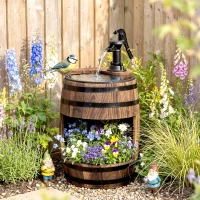 Outsunny Gartenbrunnen Zierbrunnen Springbrunnen Fassbrunnen Wasserfall Holzfass mit Pflanzgefäß Tannenholz Dunkelbraun Ø27 x 59 cm(m-8)