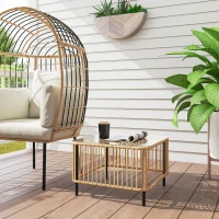 Outsunny Polyrattan Gartentisch, 65 x 65 x 43 cm, wetterfest Beistelltisch quadrarisch mit Glasplatte Naturholz(m-10)