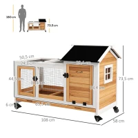 PawHut Coelheira de Madeira com Rodas para 1-2 Coelhos com Teto Abatível Bandeja Amovível 108x58x73,5 cm Madeira e Branco(m-3)